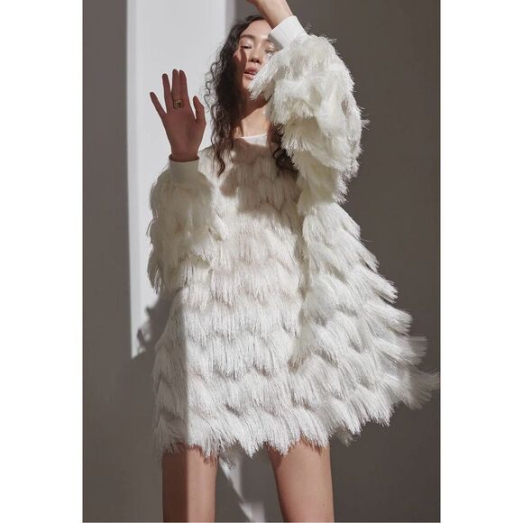 NWT Kaviar Gauche Twist Pulli Full Fringe Long Sleeve Mini Dress Women's 8US - Picture 1 of 13